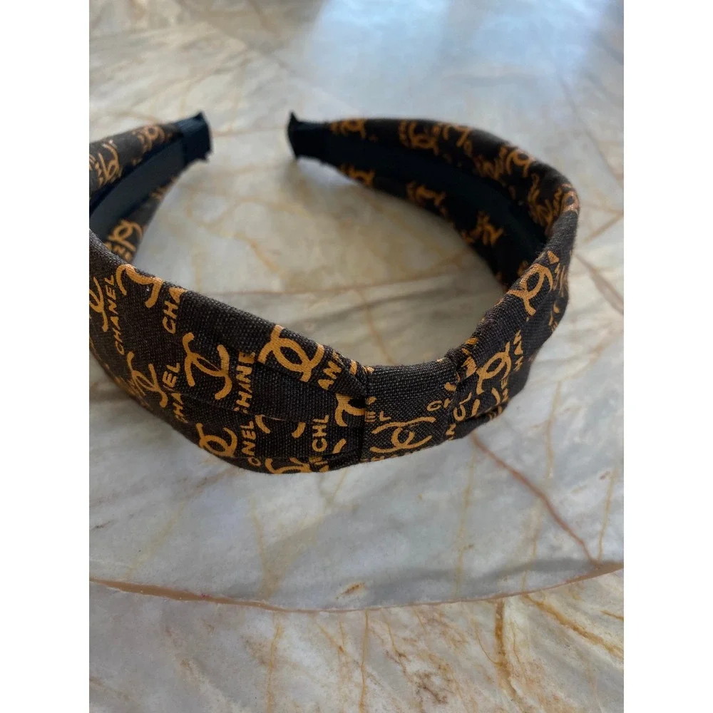 Brown Canvas Logo Print Knotted Headband Gold Tone Motif Accessory